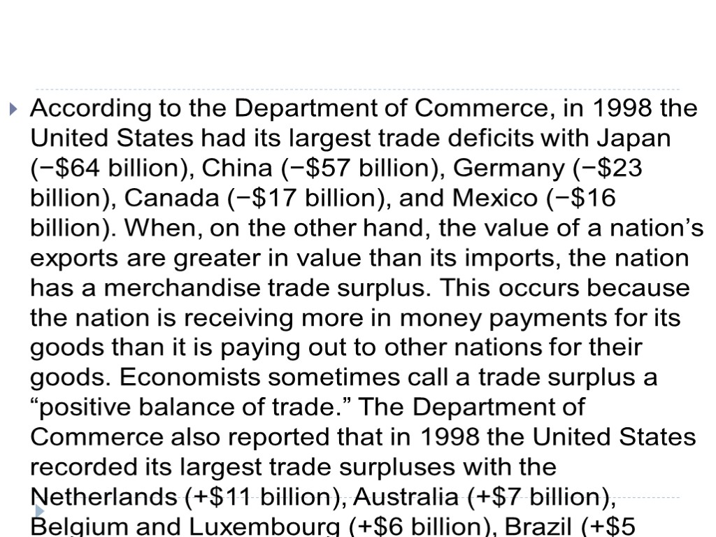 According to the Department of Commerce, in 1998 the United States had its largest